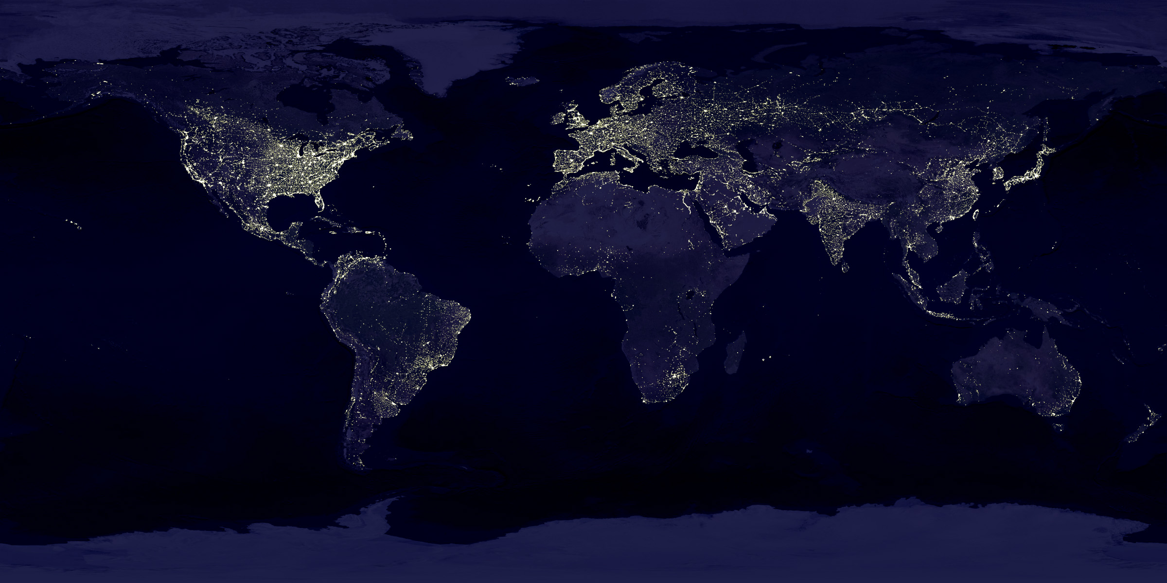 Planisphère nocturne - Data courtesy Marc Imhoff of NASA GSFC and Christopher Elvidge of NOAA NGDC. Image by Craig Mayhew and Robert Simmon, NASA GSFC