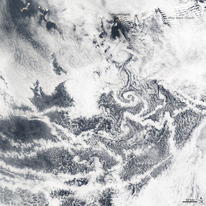 Ship Tracks and Vortices over the North Pacific Ocean