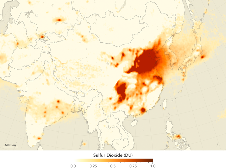 Sulfur Dioxide Down over China; Up over India