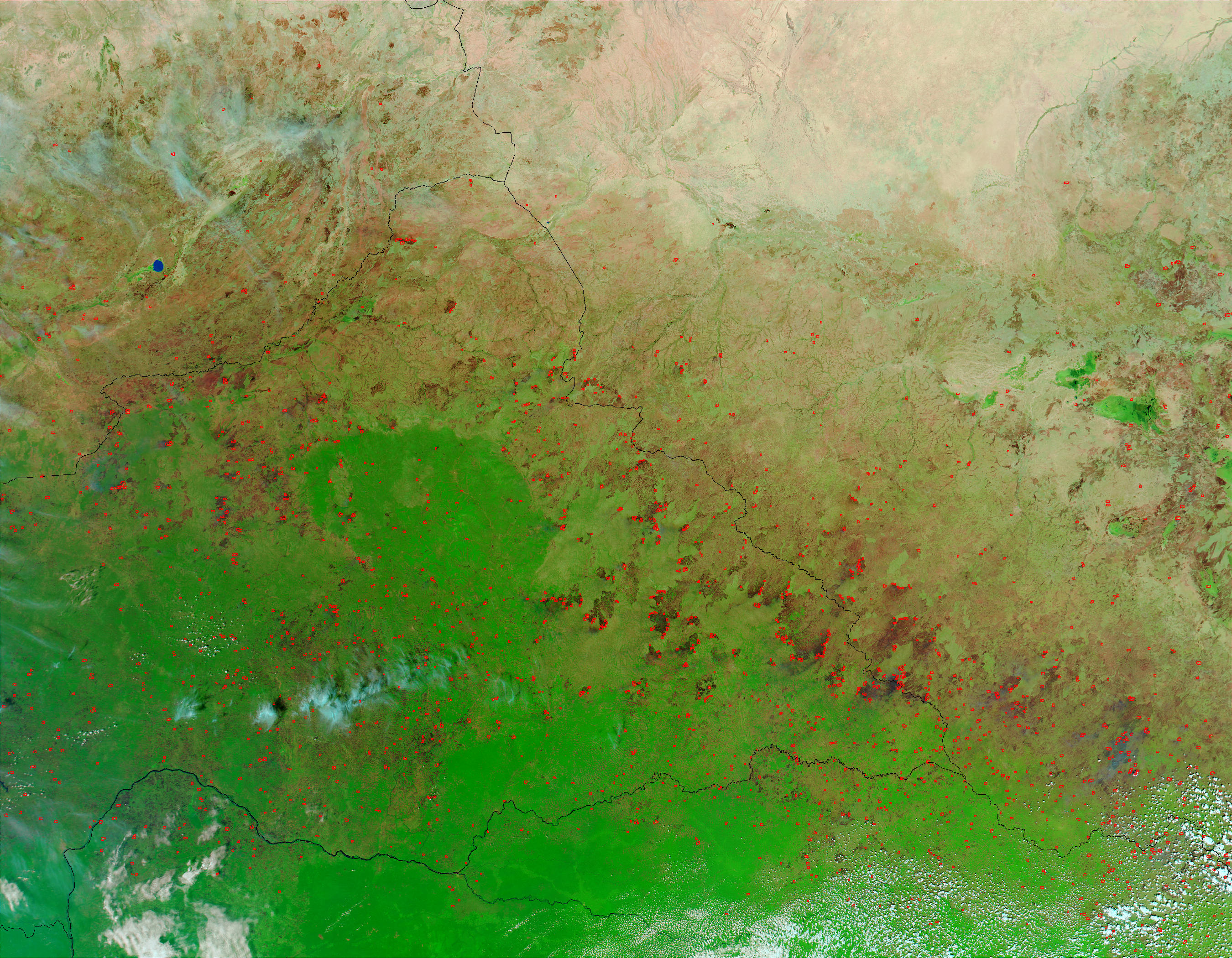 Fires in Central Africa (afternoon overpass) (false color) - related image preview
