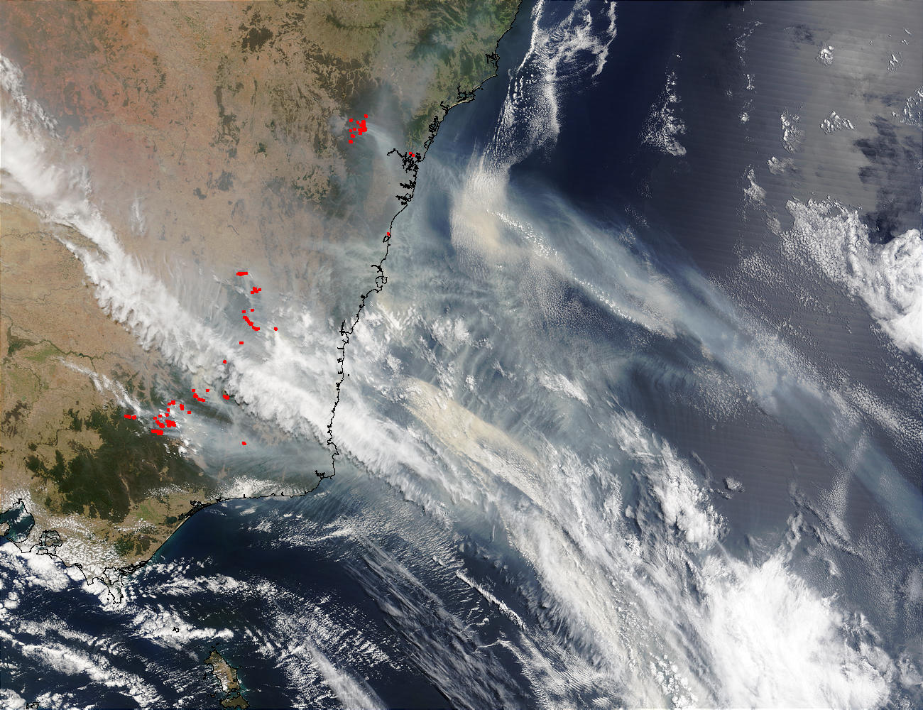 Fires and smoke in Southeast Australia (morning overpass) - related image preview