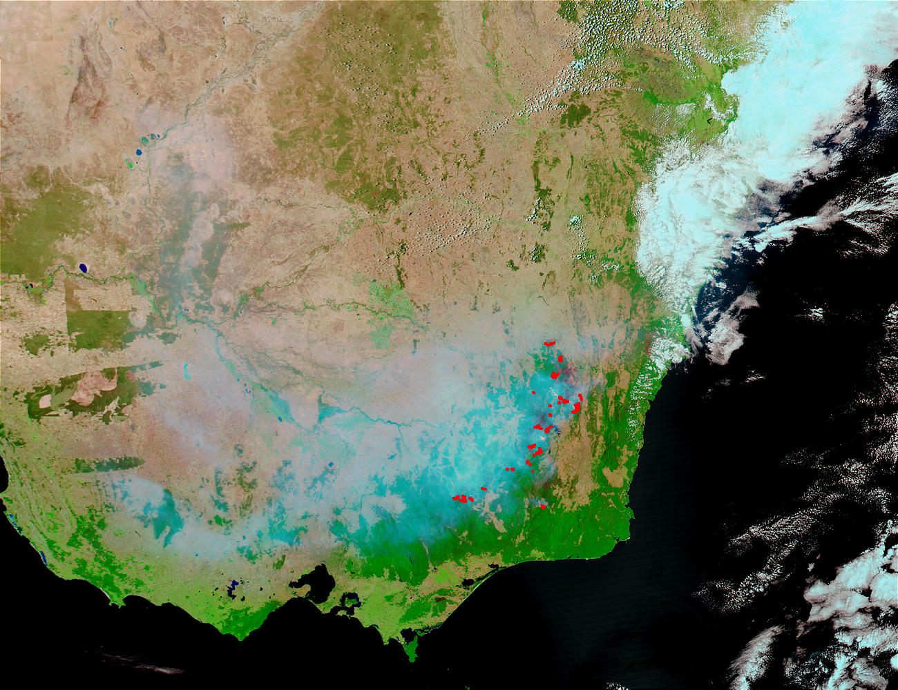 Fires and smoke in Southeast Australia (false color) - related image preview