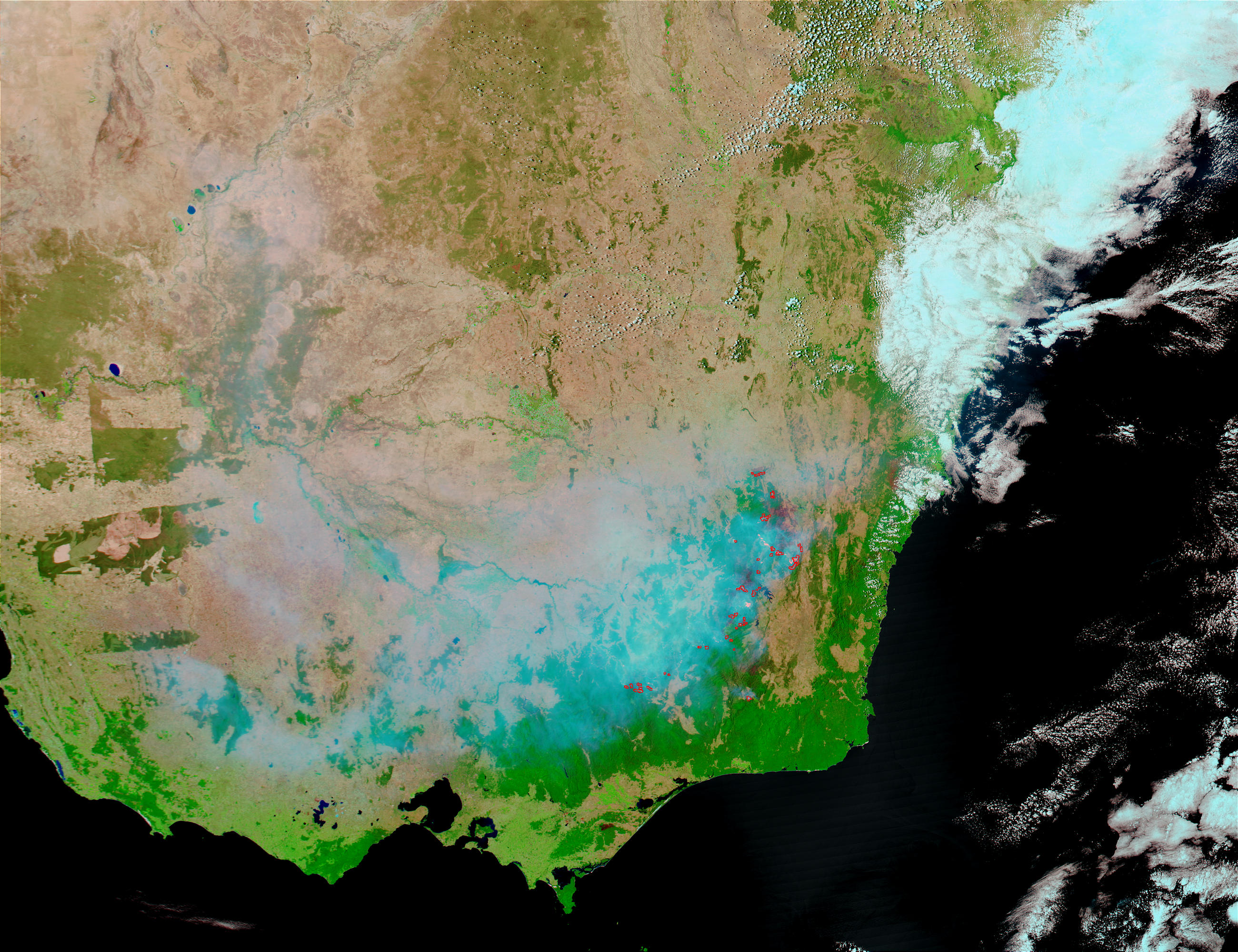 Fires and smoke in Southeast Australia (false color) - related image preview