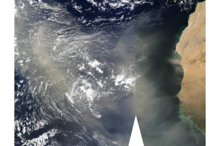 Saharan dust off West Africa (Terra and Aqua combination) - selected image