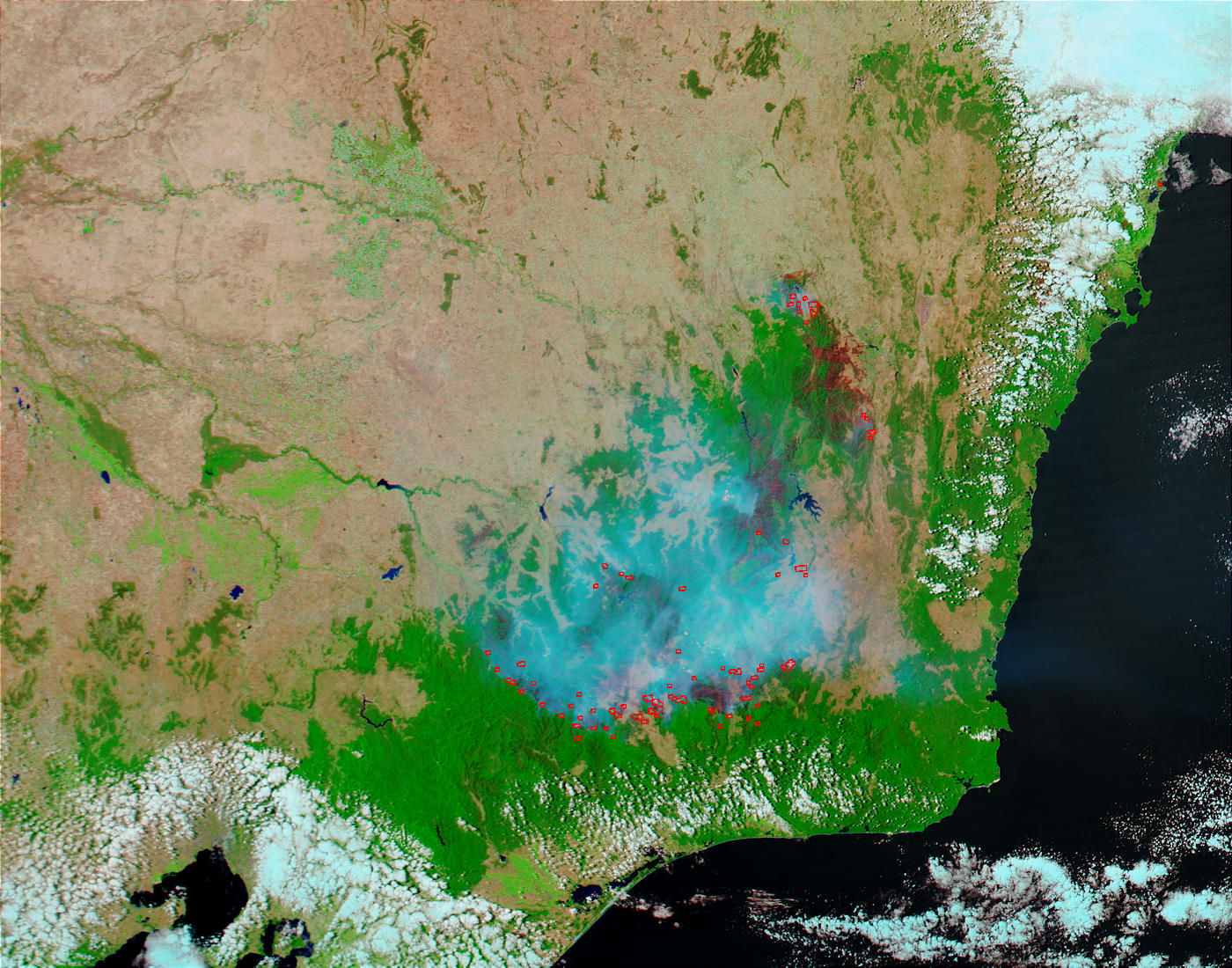 Fires and burn scars in Southeast Australia (false color) - related image preview