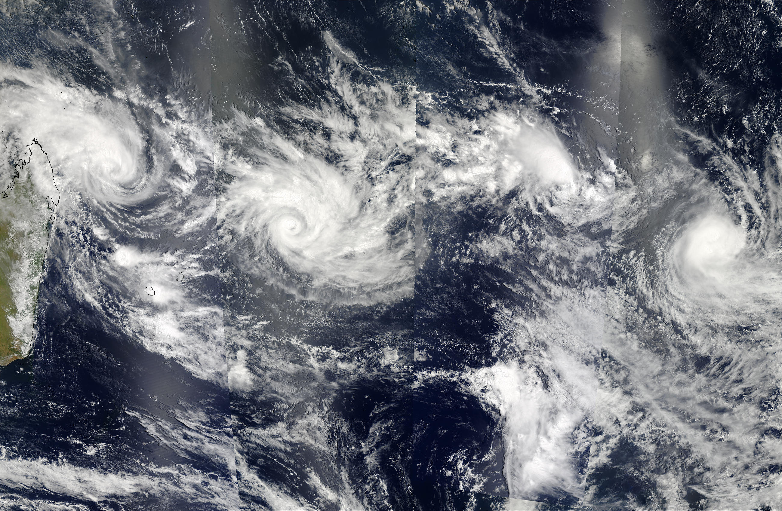 Four Tropical Cyclones in the Indian Ocean From the west, Gerry (16S), Hape (17S), 18S, and Fiona (1 - related image preview