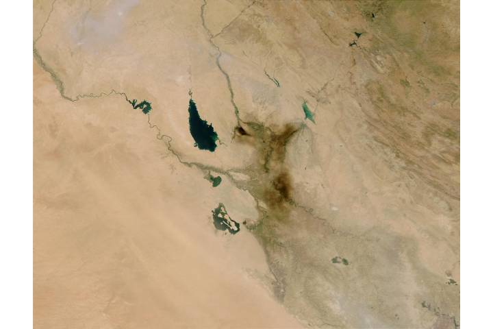 Smoke plume from oil fire near Baghdad, Iraq - selected image