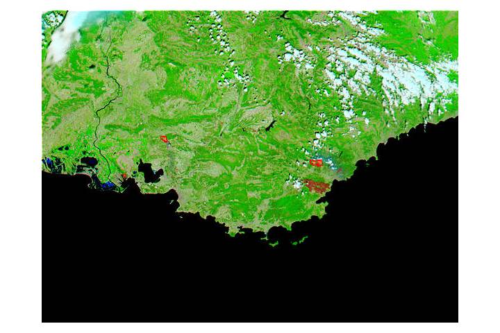 Fires and burn scars in Southeast France (false color)