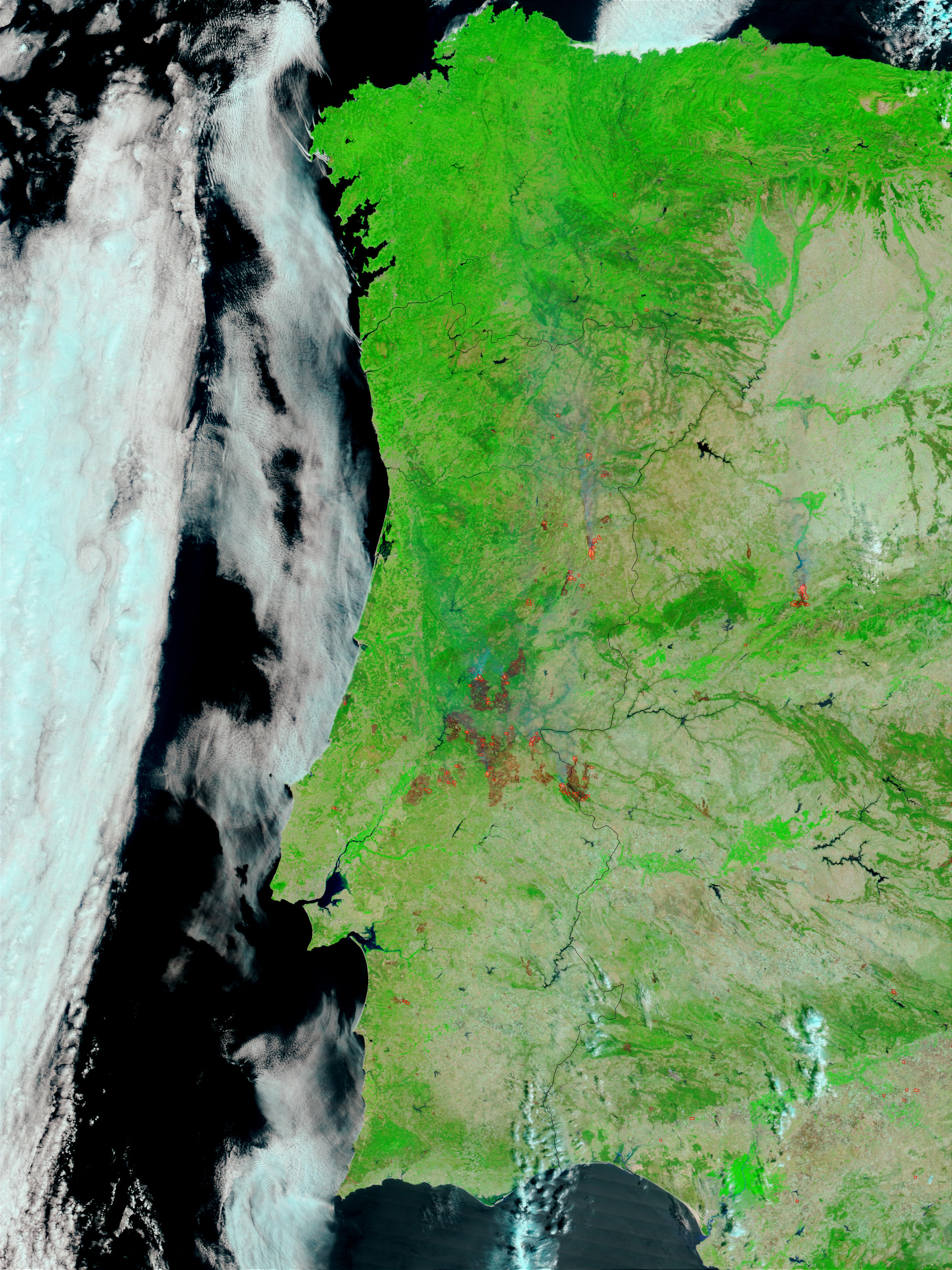 Fires, smoke, and burn scars across Portugal (false color, morning overpass) - related image preview