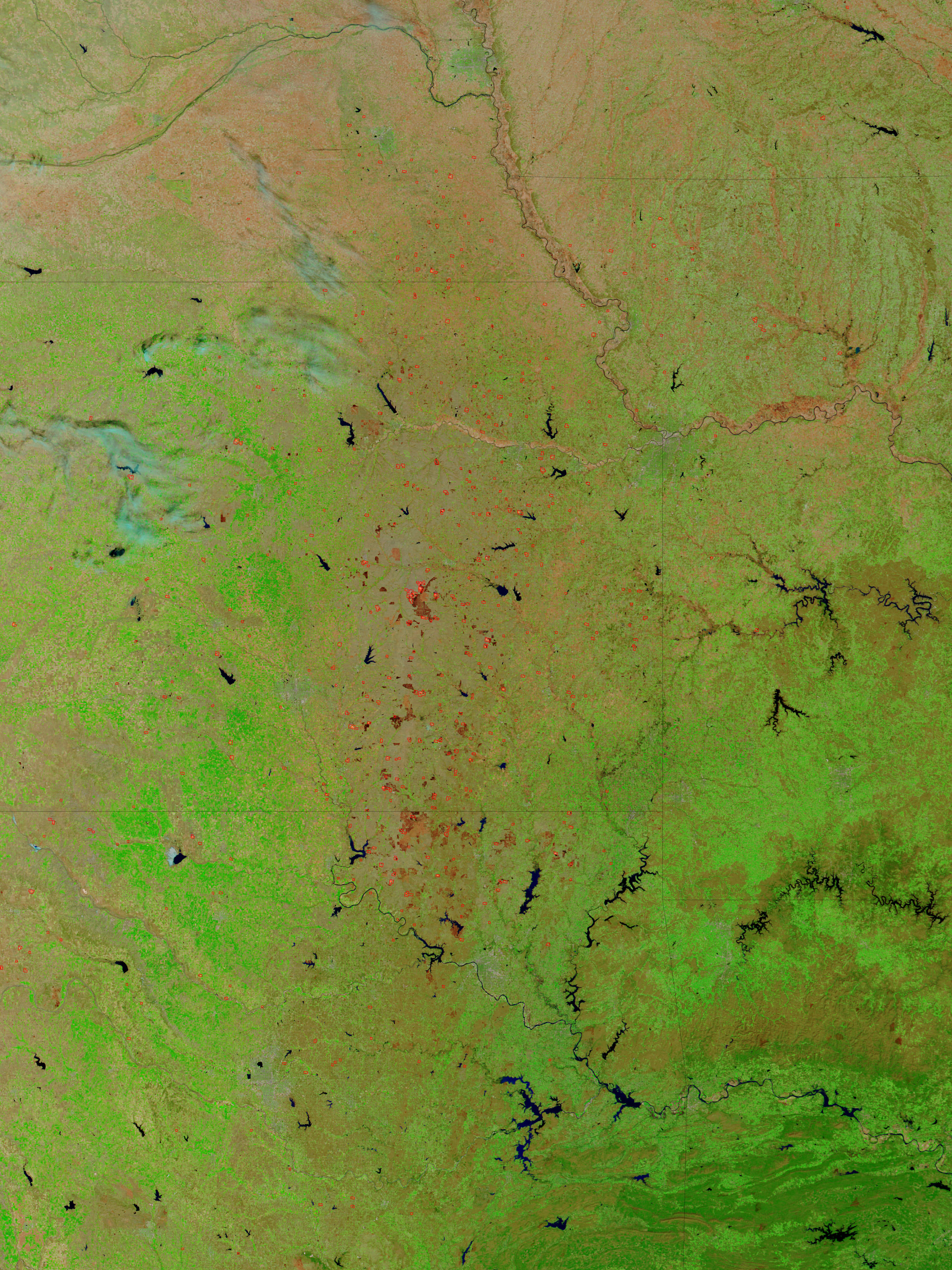 Fires and burn scars in central United States (false color) - related image preview