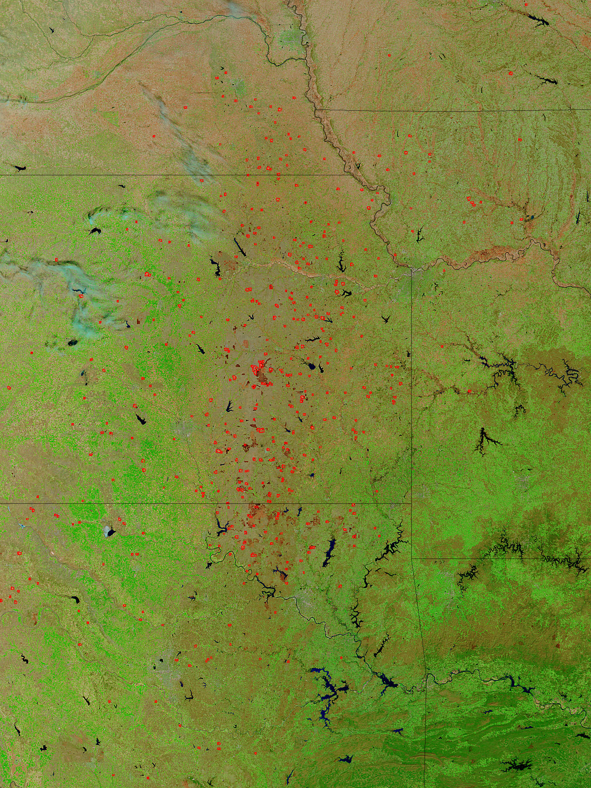 Fires and burn scars in central United States (false color) - related image preview
