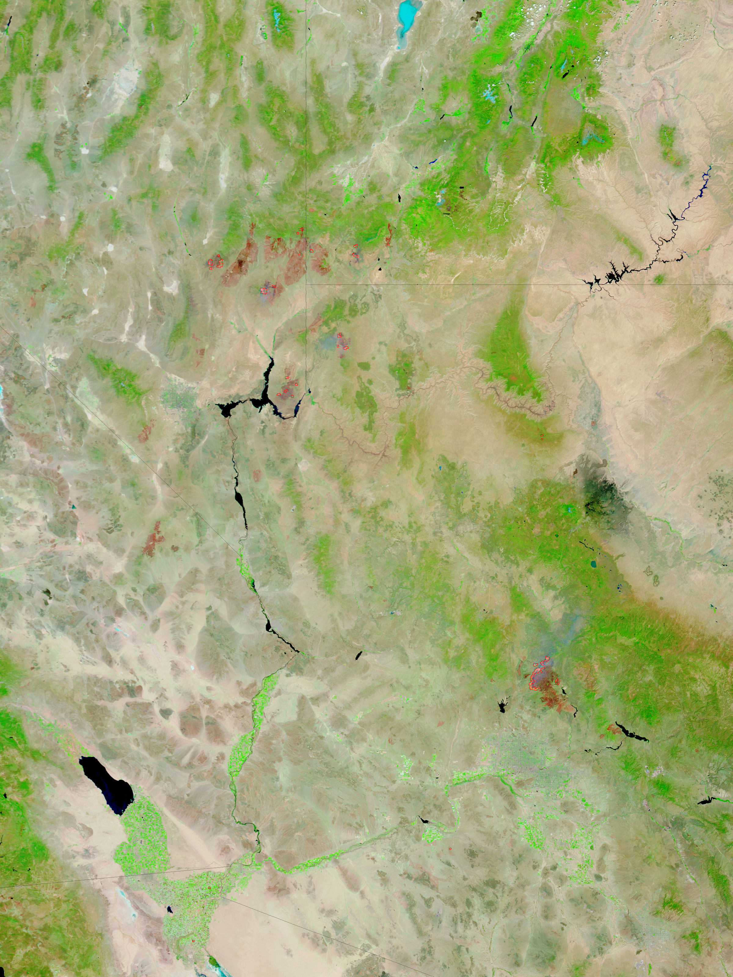 Fires and burn scars in southwestern United States (false color)
