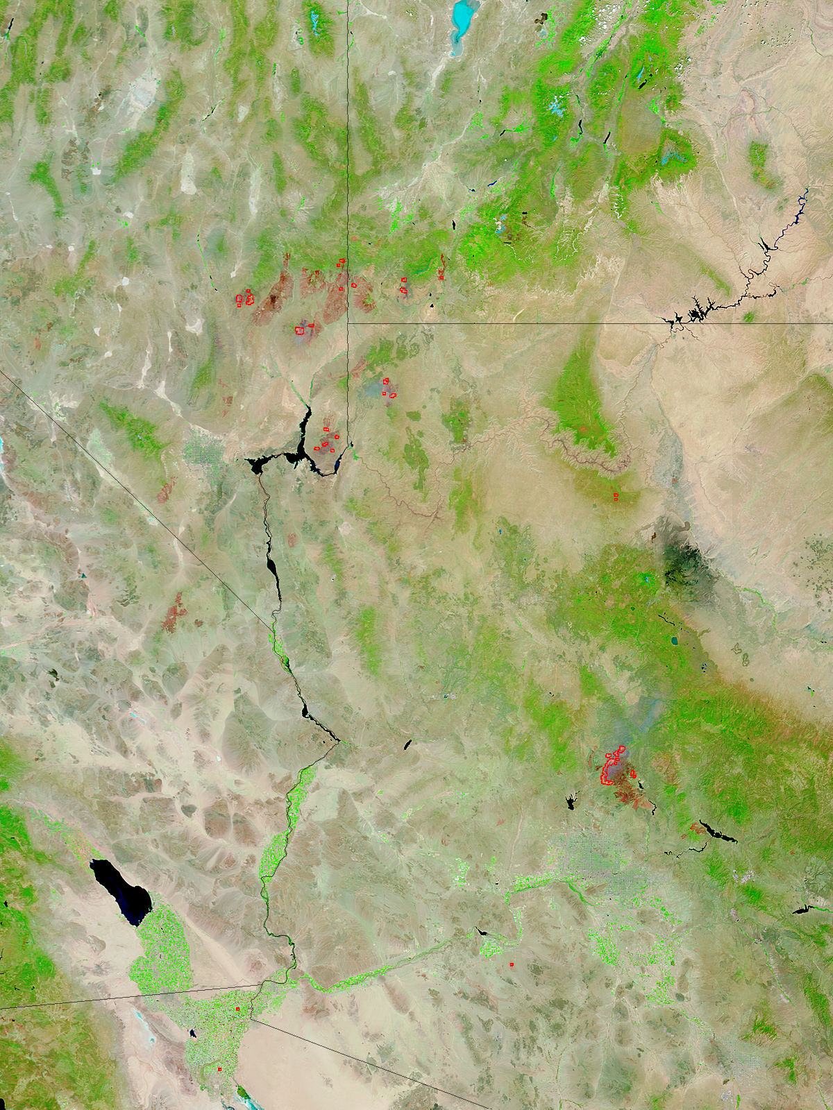 Fires and burn scars in southwestern United States (false color) - related image preview