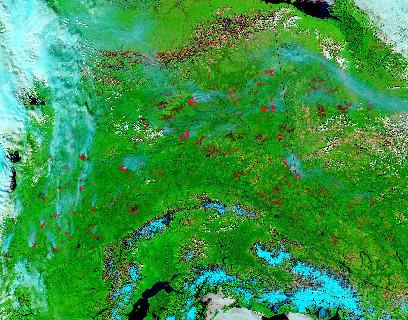 Fires, smoke, and burn scars in Alaska and Yukon Territory (false color) - related image preview