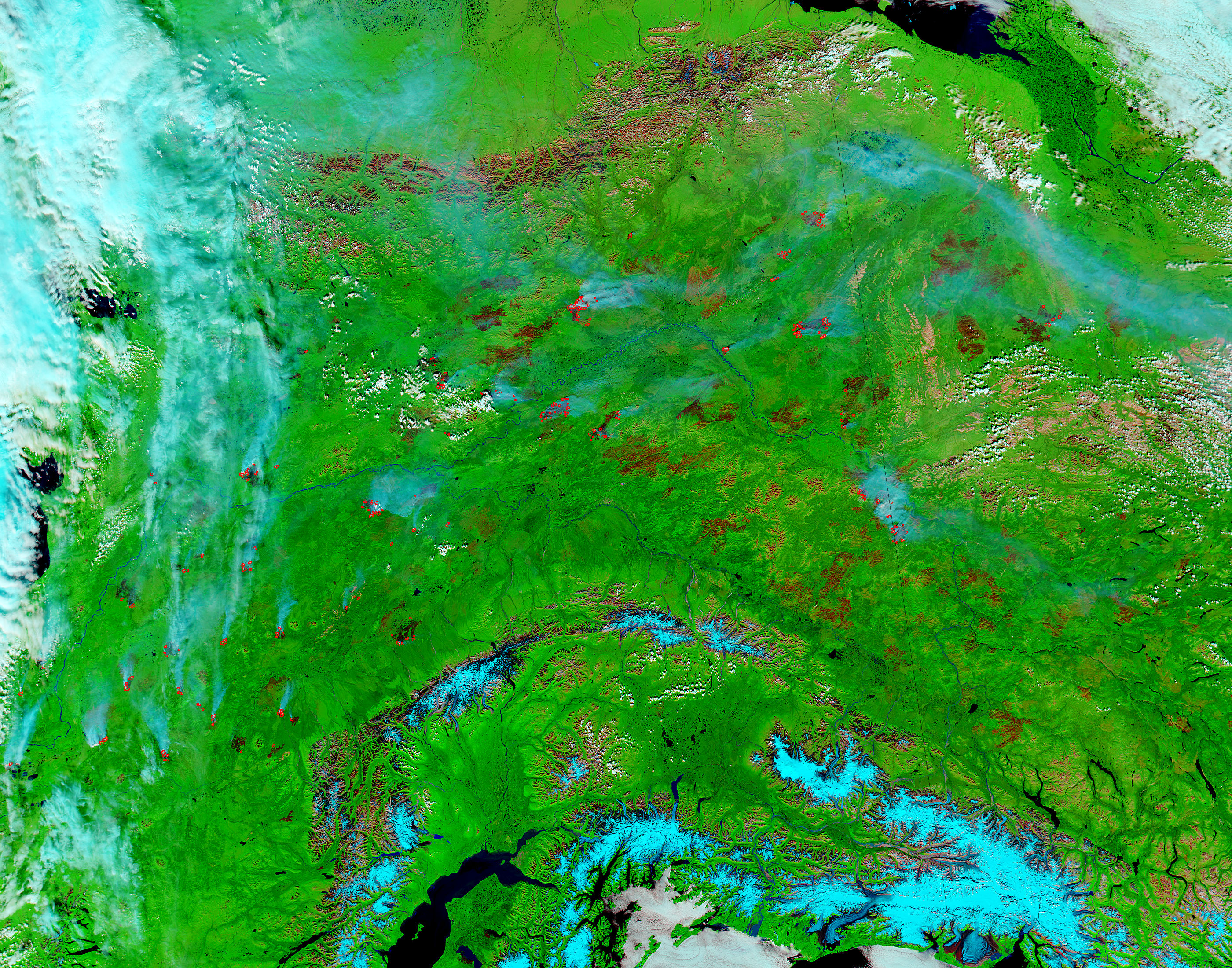 Fires, smoke, and burn scars in Alaska and Yukon Territory (false color) - related image preview