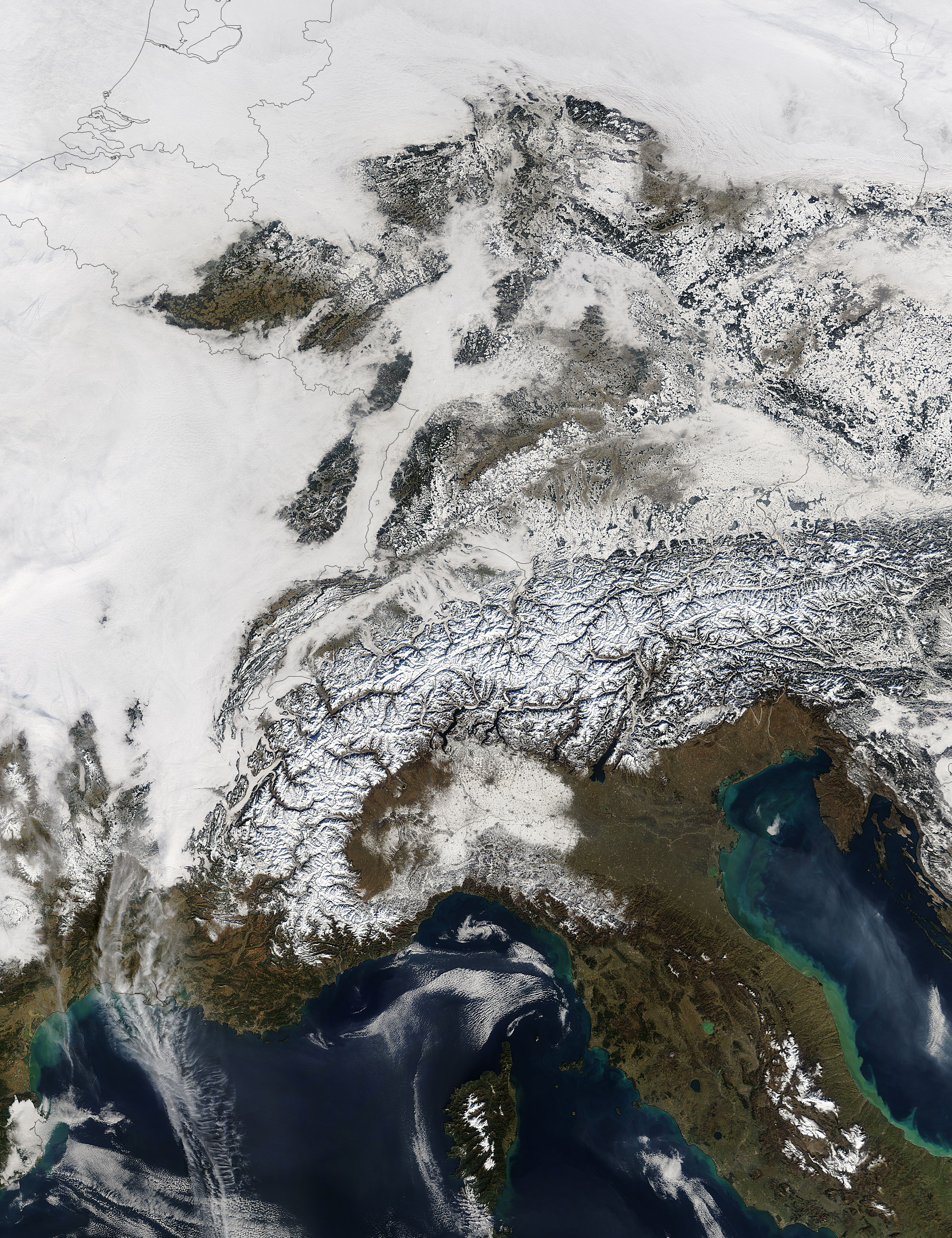 Snow, fog, and low clouds in Central Europe (true color) - related image preview