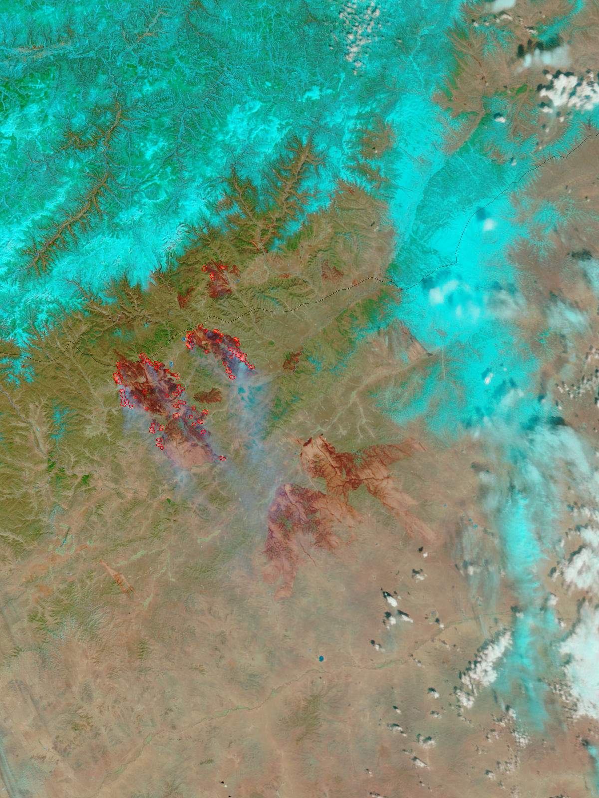 Fires and burn scars in Mongolia (false color)