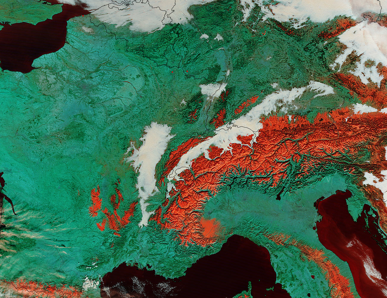 Snow, fog, and low clouds in western Europe (false color) - related image preview