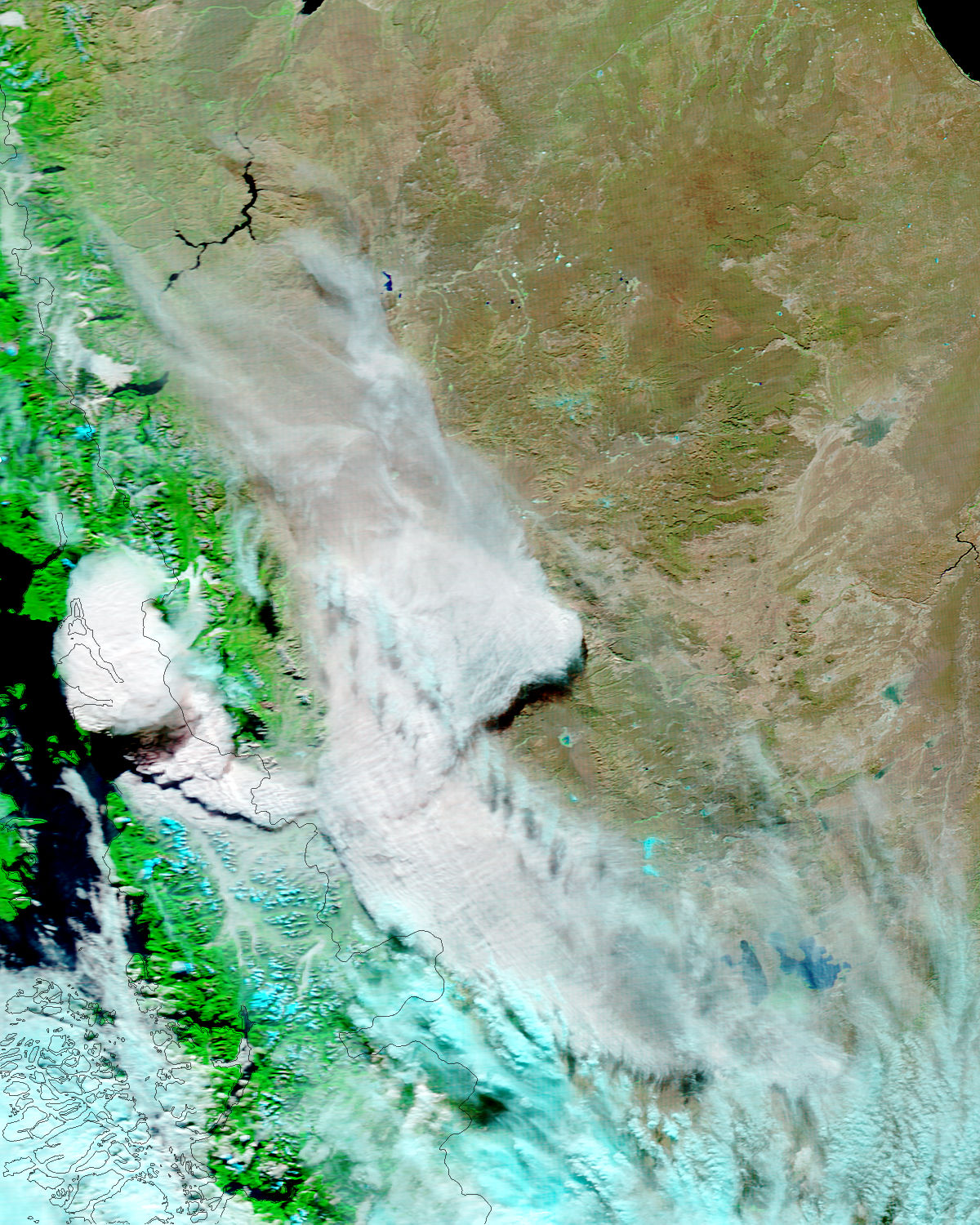 Ash plume from eruption of Chaiten volcano, Chile (false color) - related image preview