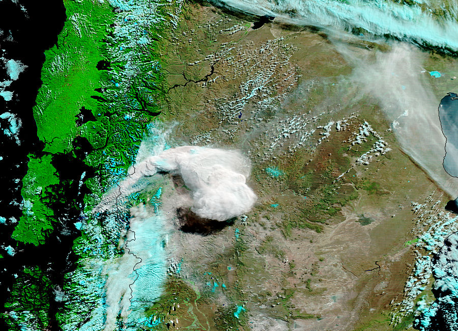 Ash plume from eruption of Chaiten volcano, Chile (morning overpass, false color) - related image preview