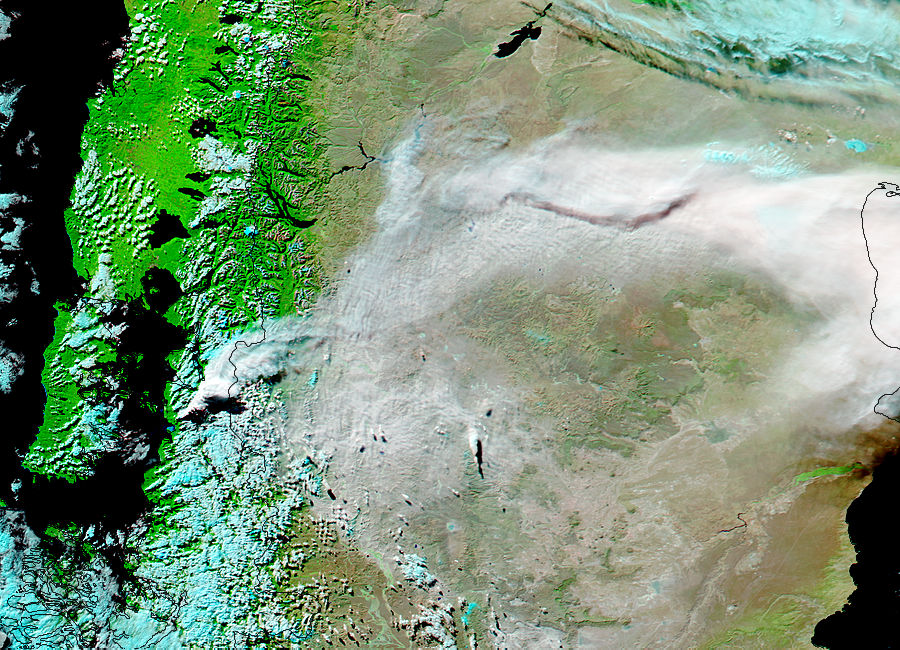 Ash plume from eruption of Chaiten volcano, Chile (afternoon overpass, false color) - related image preview