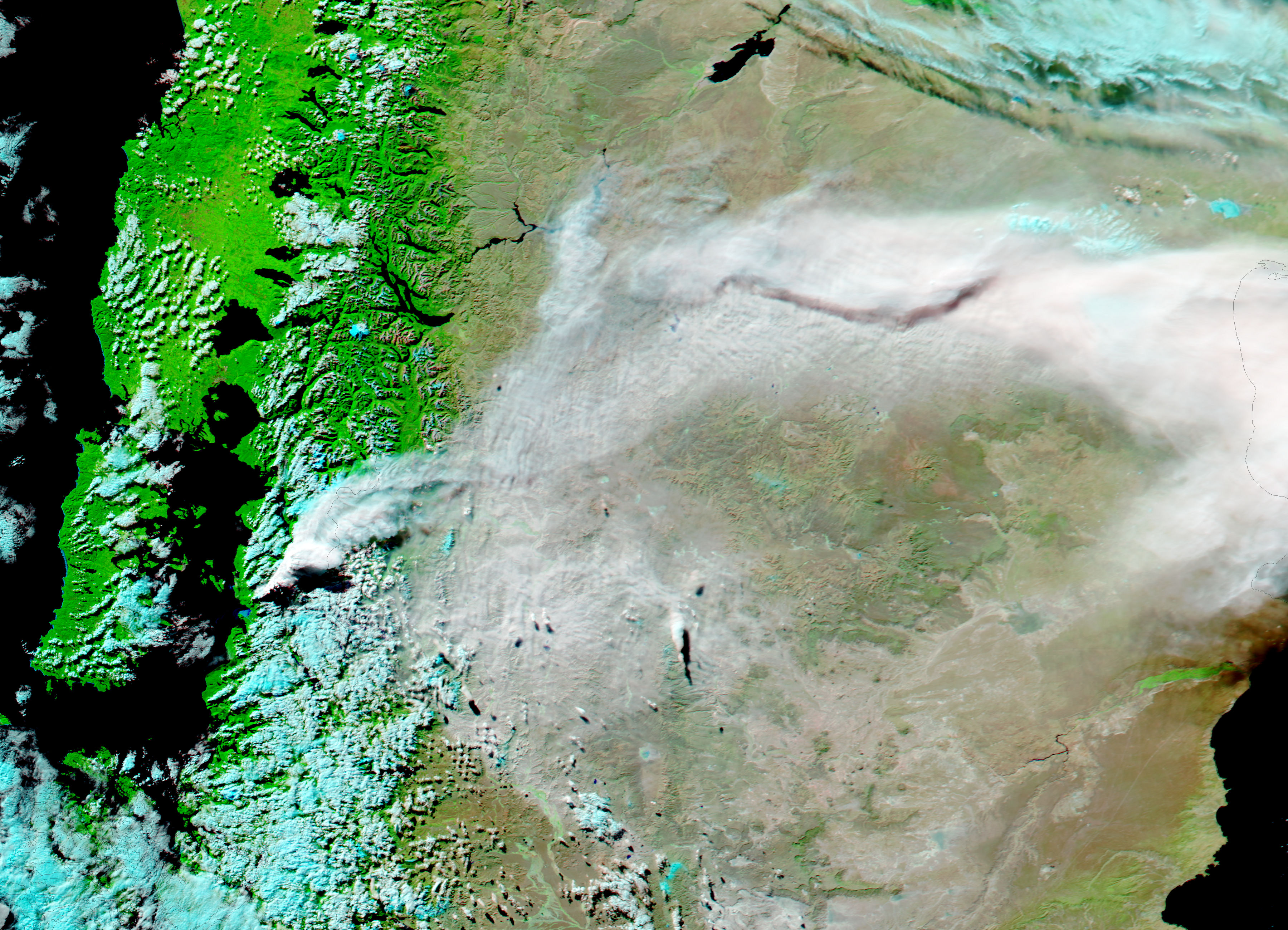 Ash plume from eruption of Chaiten volcano, Chile (afternoon overpass, false color) - related image preview