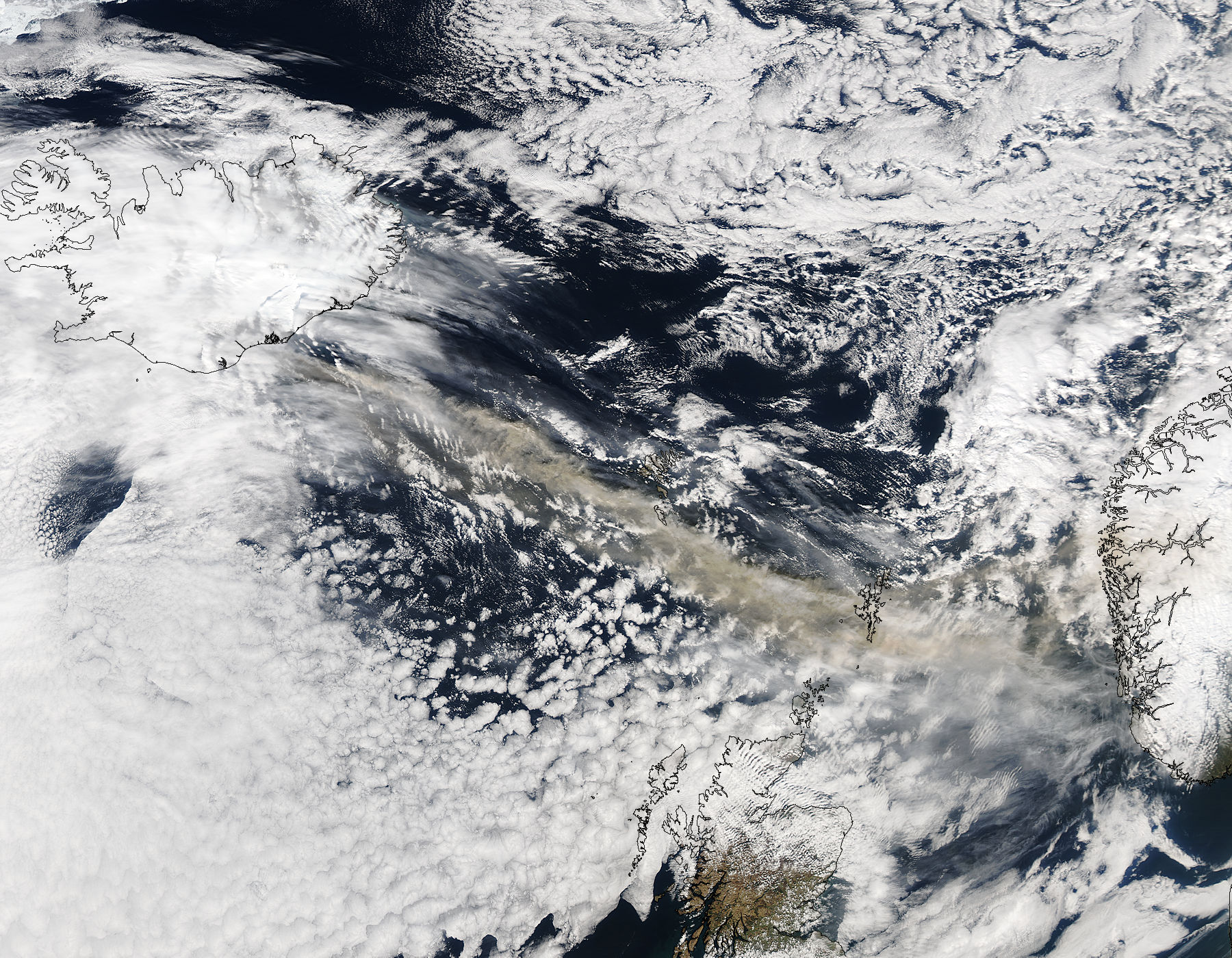 Ash plume from Eyjafjallajokull Volcano over the North Atlantic (afternoon overpass) - related image preview