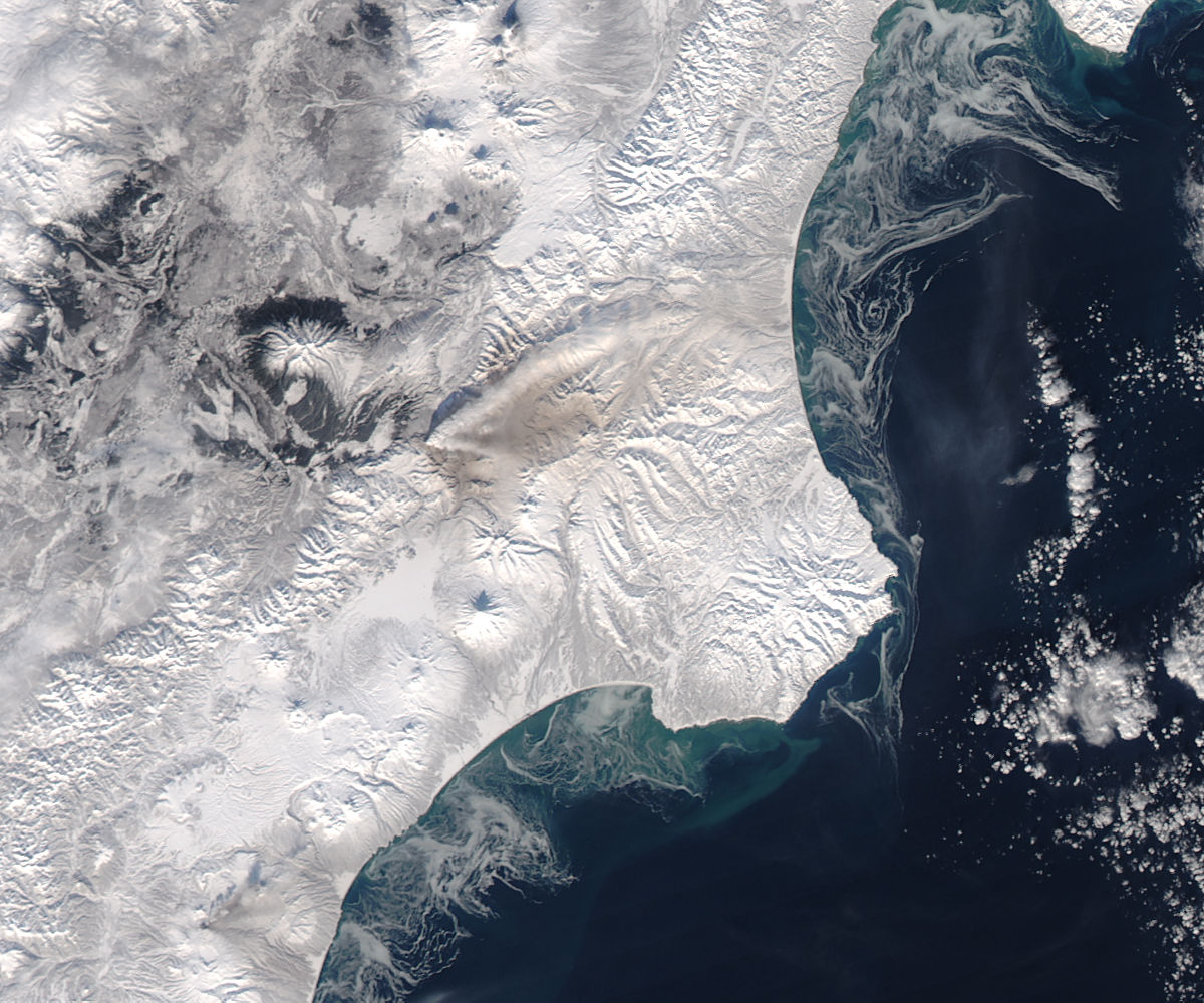 Ash plume and ash on snow from Kizimen, Kamchatka Peninsula, eastern Russia - related image preview