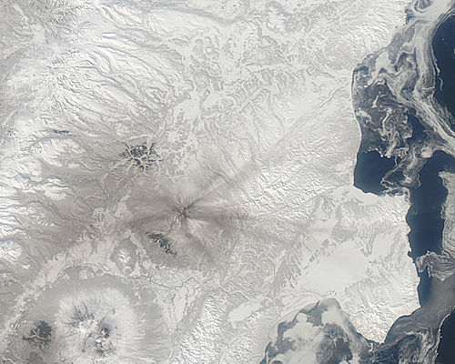 Ash on snow from Shiveluch, Kamchatka Peninsula, eastern Russia - related image preview