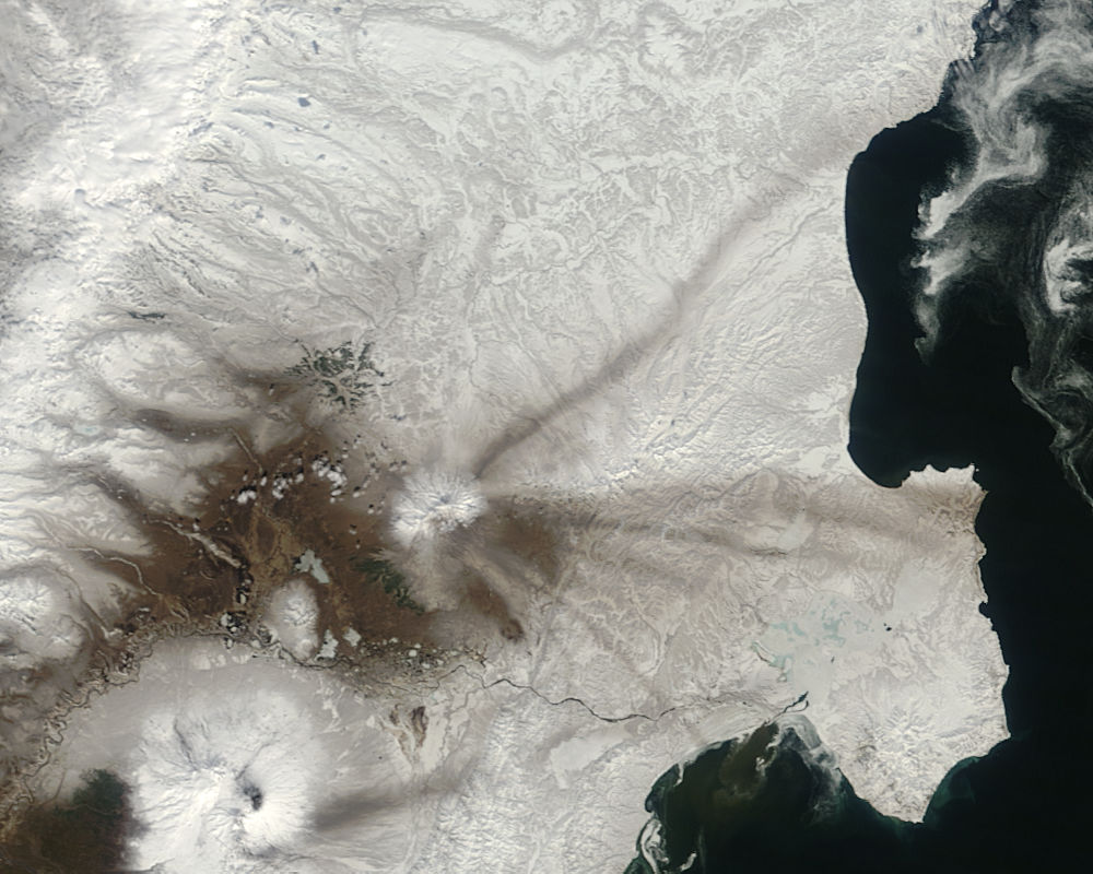 Ash on snow from Shiveluch, Kamchatka Peninsula, eastern Russia - related image preview