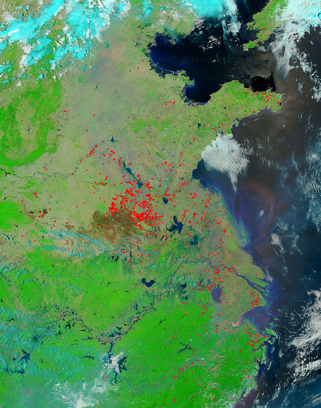 Fires and smoke in eastern China (false color) - related image preview
