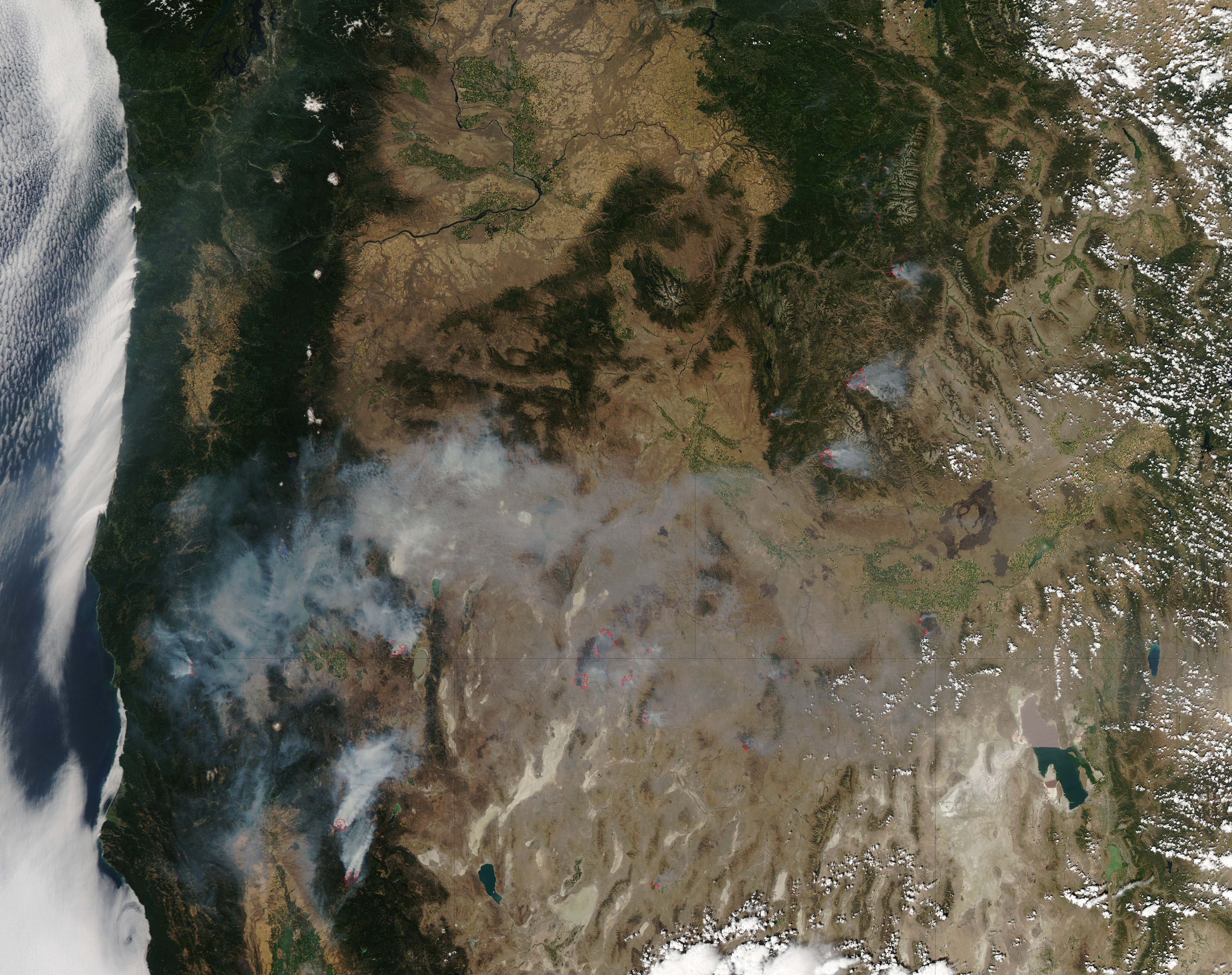 Fires and smoke in western United States (afternoon overpass) - related image preview