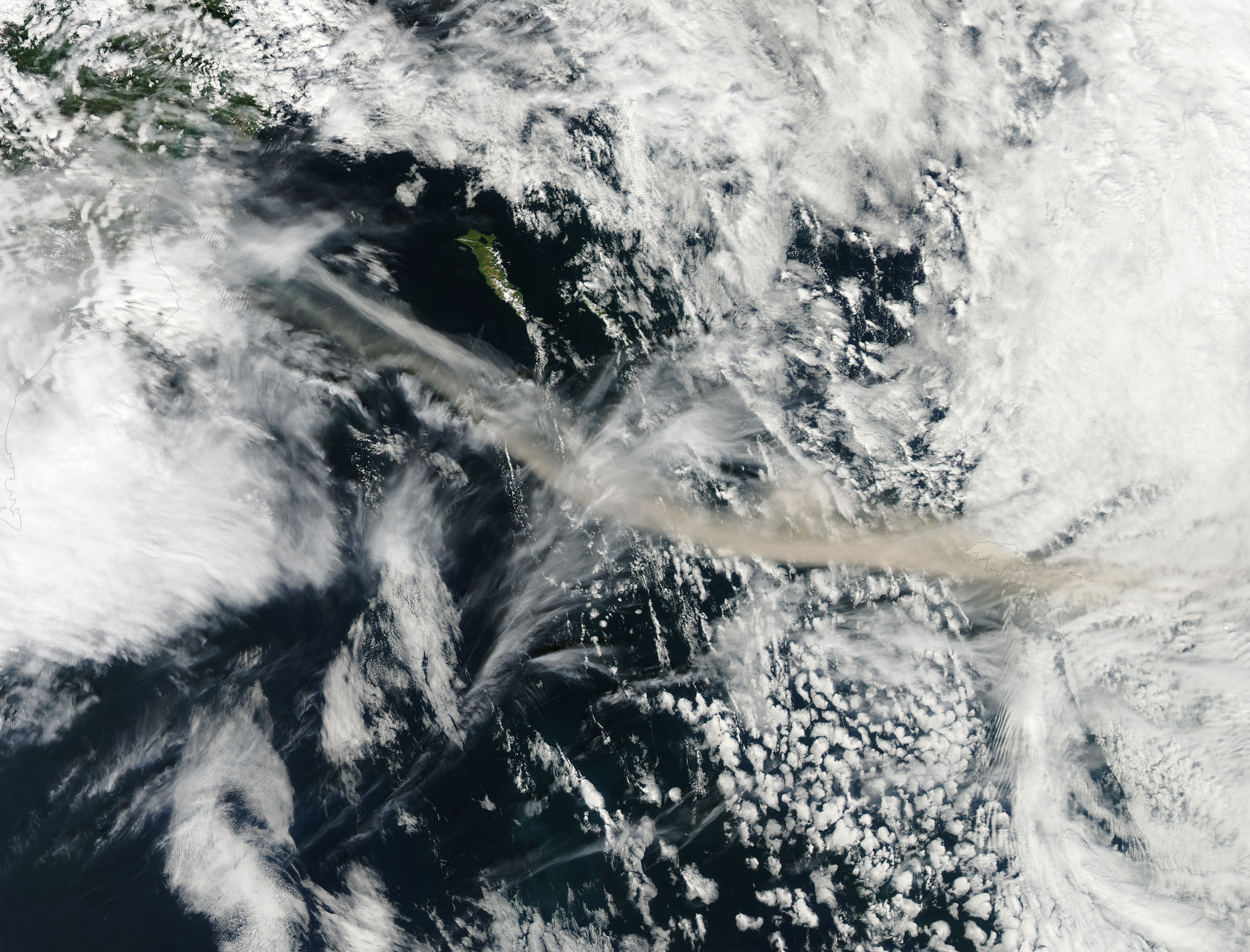 Ash plume from Bezymianny over the Bering Sea (afternoon overpass) - related image preview
