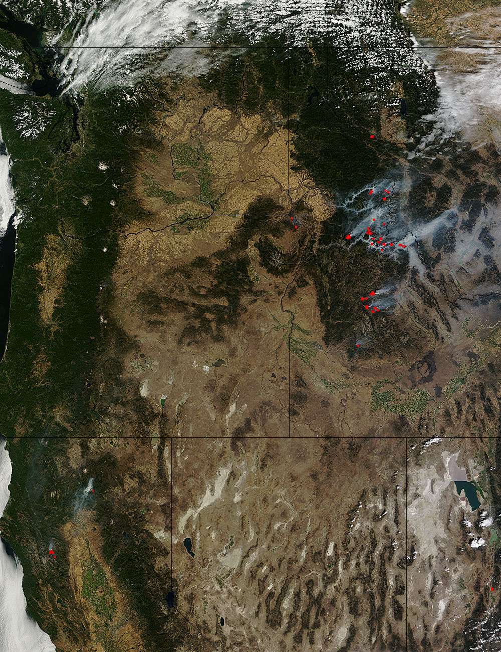 Fires and smoke in western United States (morning overpass) - related image preview