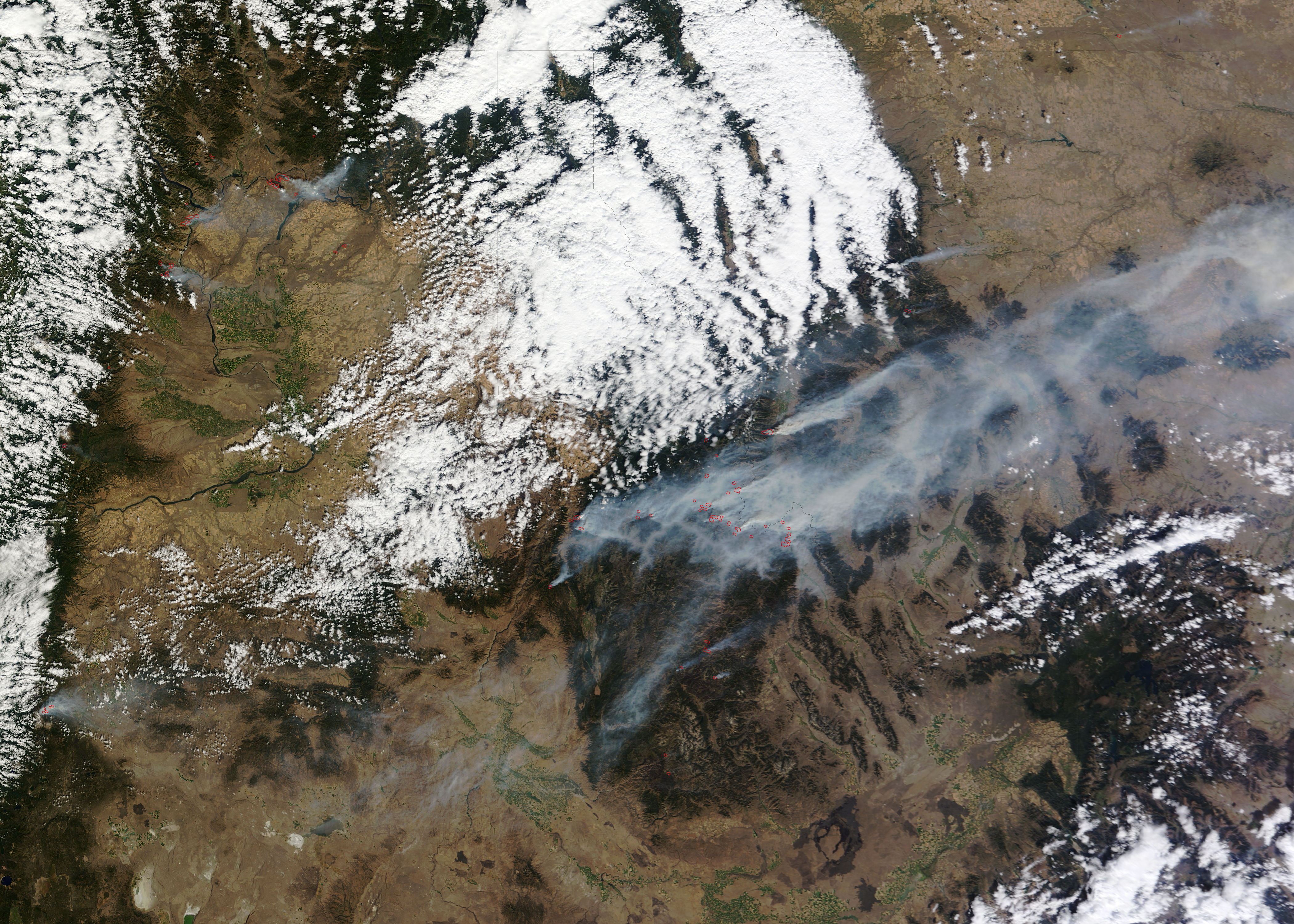 Fires and smoke in western United States (morning overpass) - related image preview