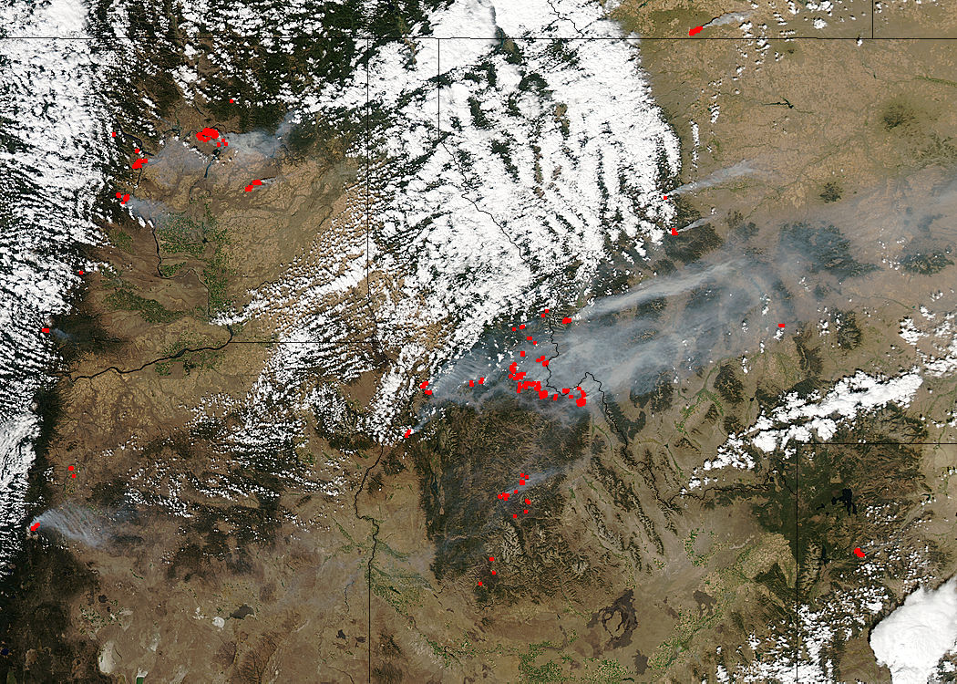 Fires and smoke in western United States (afternoon overpass) - related image preview