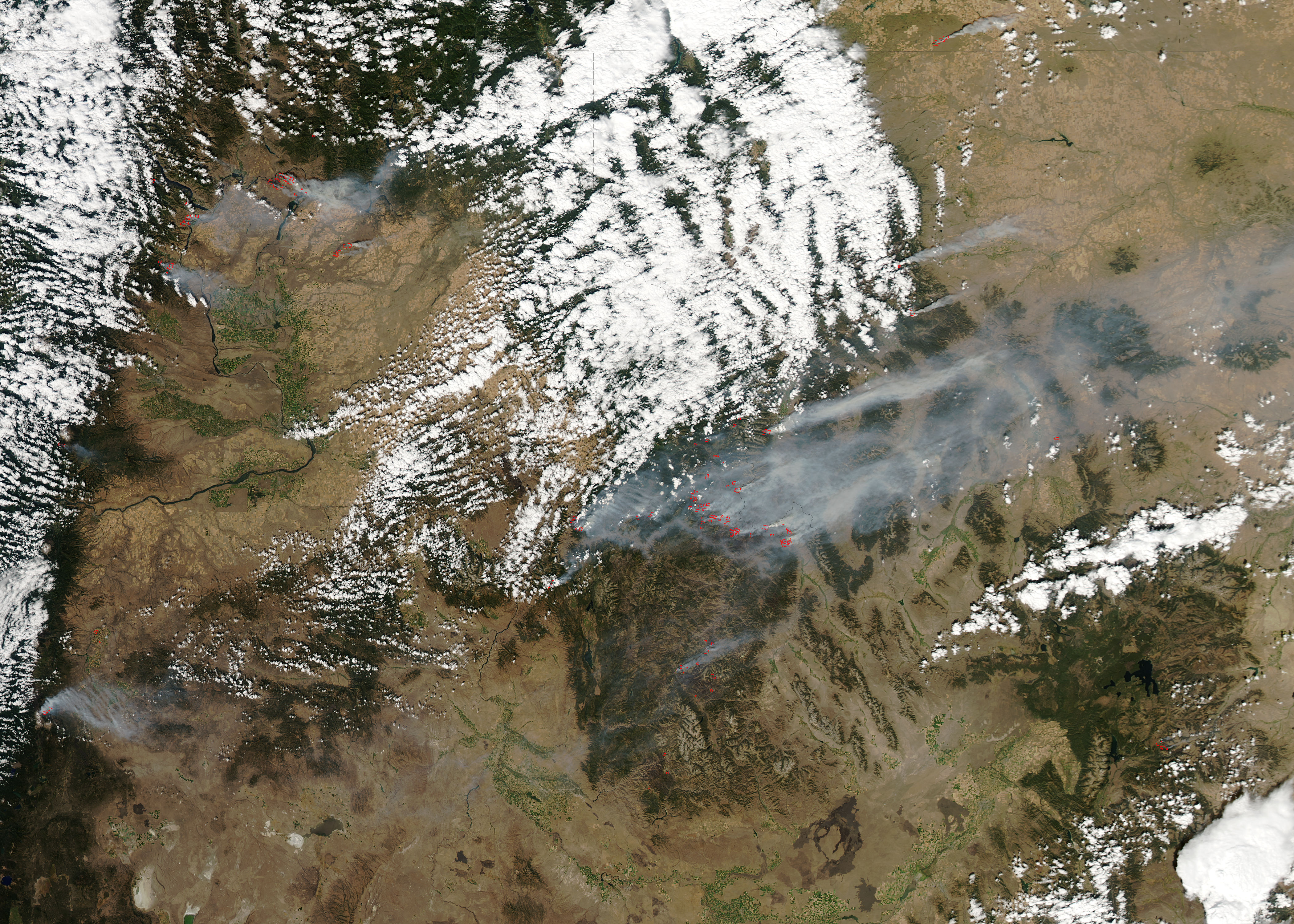 Fires and smoke in western United States (afternoon overpass) - related image preview