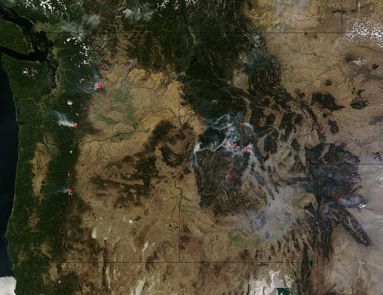 Fires and smoke in western United States (morning overpass) - related image preview