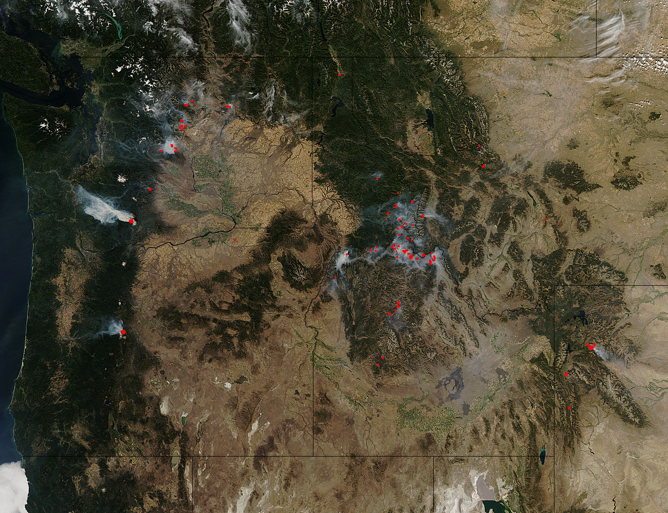 Fires and smoke in western United States (afternoon overpass) - related image preview