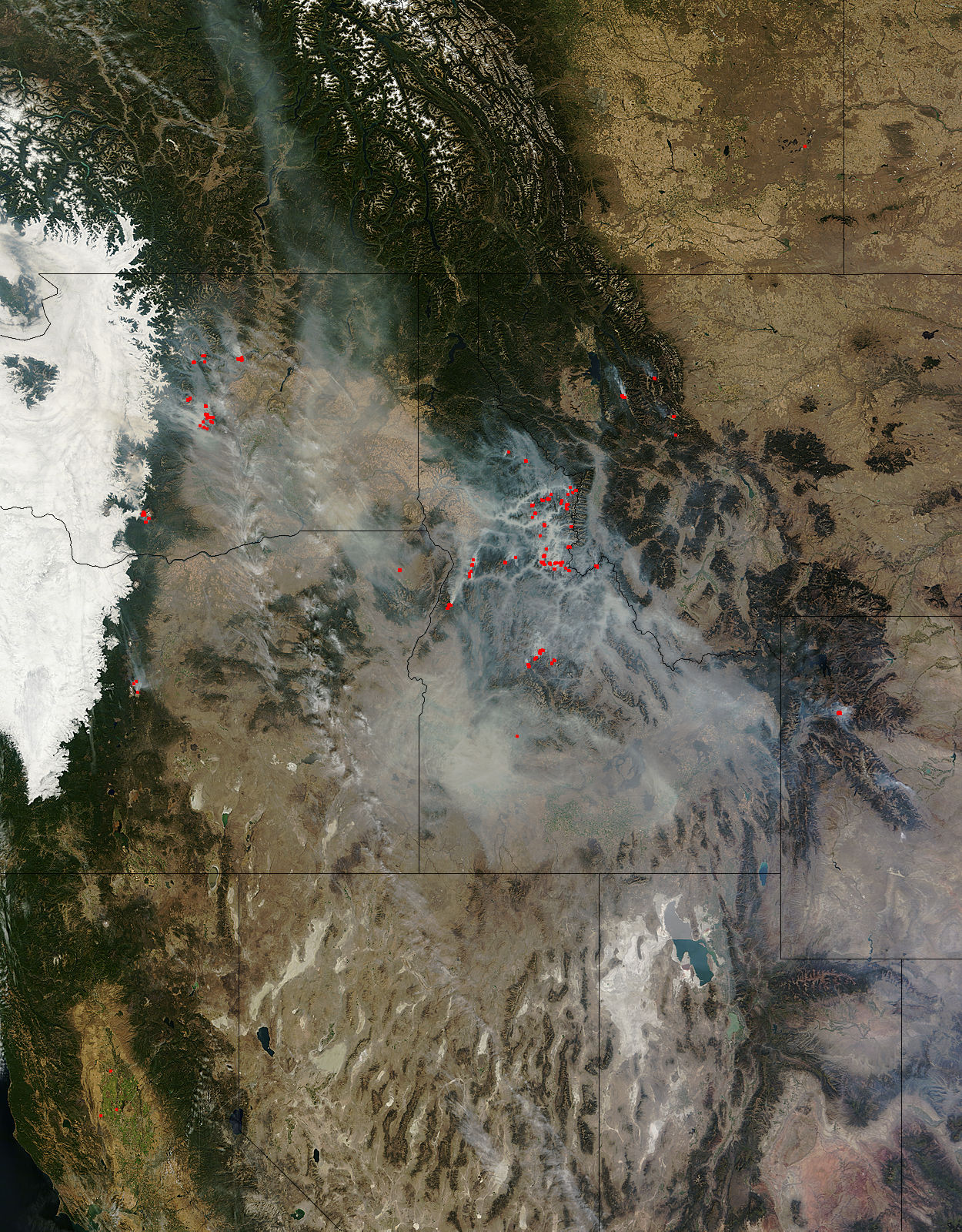 Fires and smoke in western United States (morning overpass) - related image preview