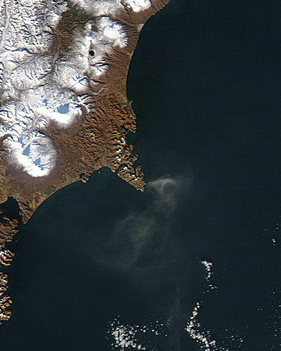 Plume and ash on snow from Karymsky, Kamchatka Peninsula, eastern Russia - related image preview