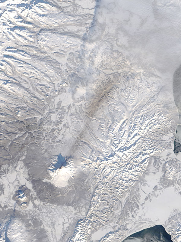 Ash on snow from Shiveluch, Kamchatka Peninsula, eastern Russia - related image preview