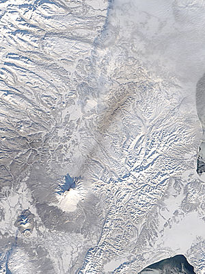 Ash on snow from Shiveluch, Kamchatka Peninsula, eastern Russia - related image preview