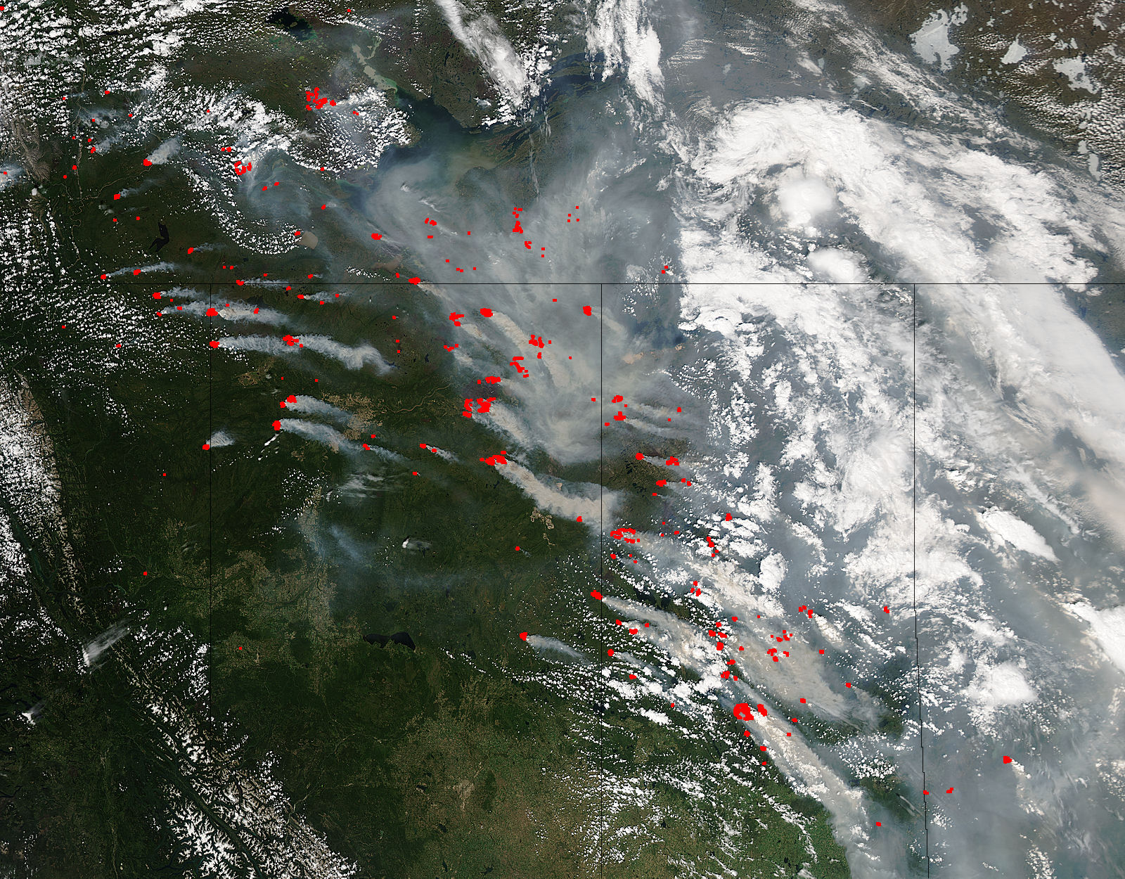 Fires and smoke in northern Canada (afternoon overpass)