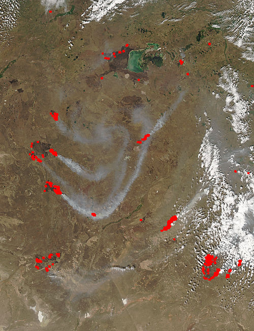 Fires and smoke in western Kazakhstan (afternoon overpass) - related image preview