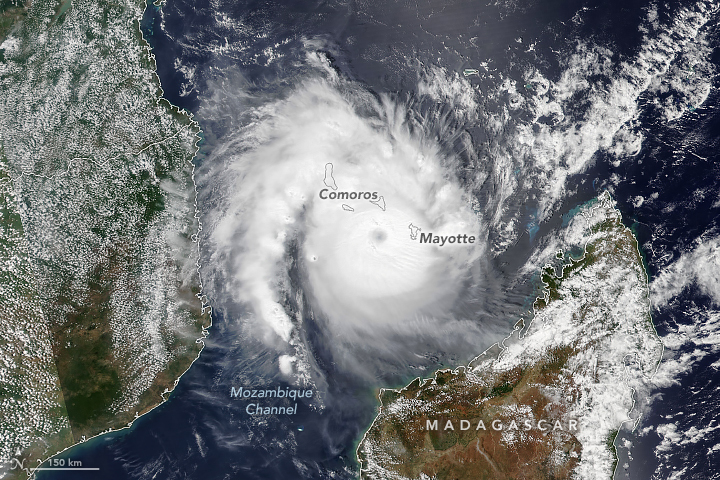 A NOAA-20 satellite image shows Cyclone Chido, a swirling pattern of dense clouds with an eye in the center, between Madagascar and the mainland of Africa.