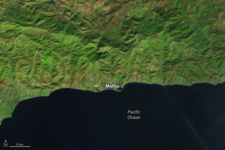 A satellite image of Malibu, California, on November 19, 2024, which shows vegetation in green.