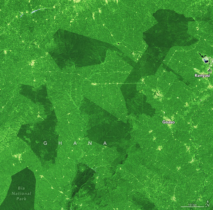 A satellite image shows fragmented blocks of dark green forest reserves in southwestern Ghana in 2023, surrounded by lighter green farms and towns.