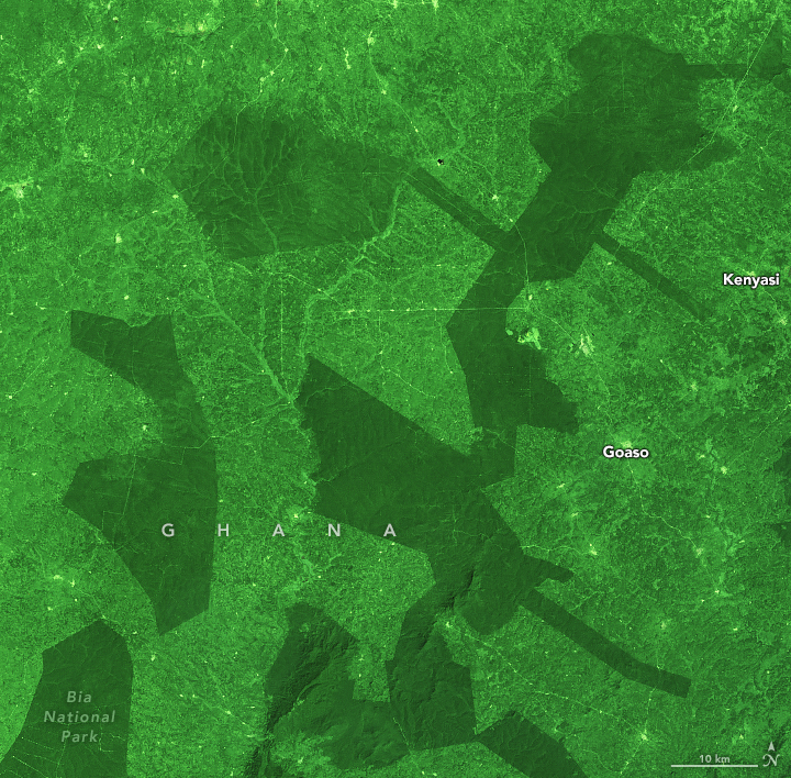 A satellite image shows dark green blocks of protected forest reserves in southwestern Ghana in 1989, which stand out against the surrounding lighter green farms and towns.