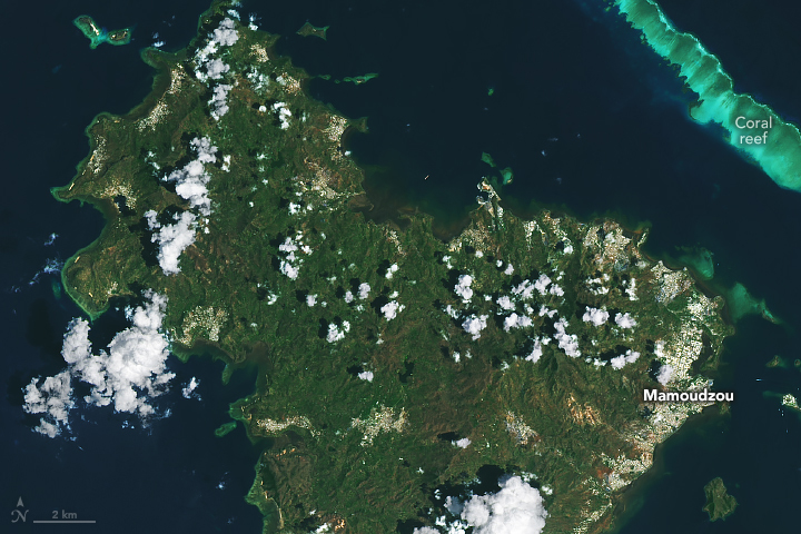 A satellite image of the main island of Mayotte (known as Grande Terre) on December 30, 2024, following the landfall of Cyclone Chido. The volcanic island presents a jagged coastline and lush vegetation inland. Portions of the island's hillsides have turned brown due to damage inflicted on vegetation by the storm.